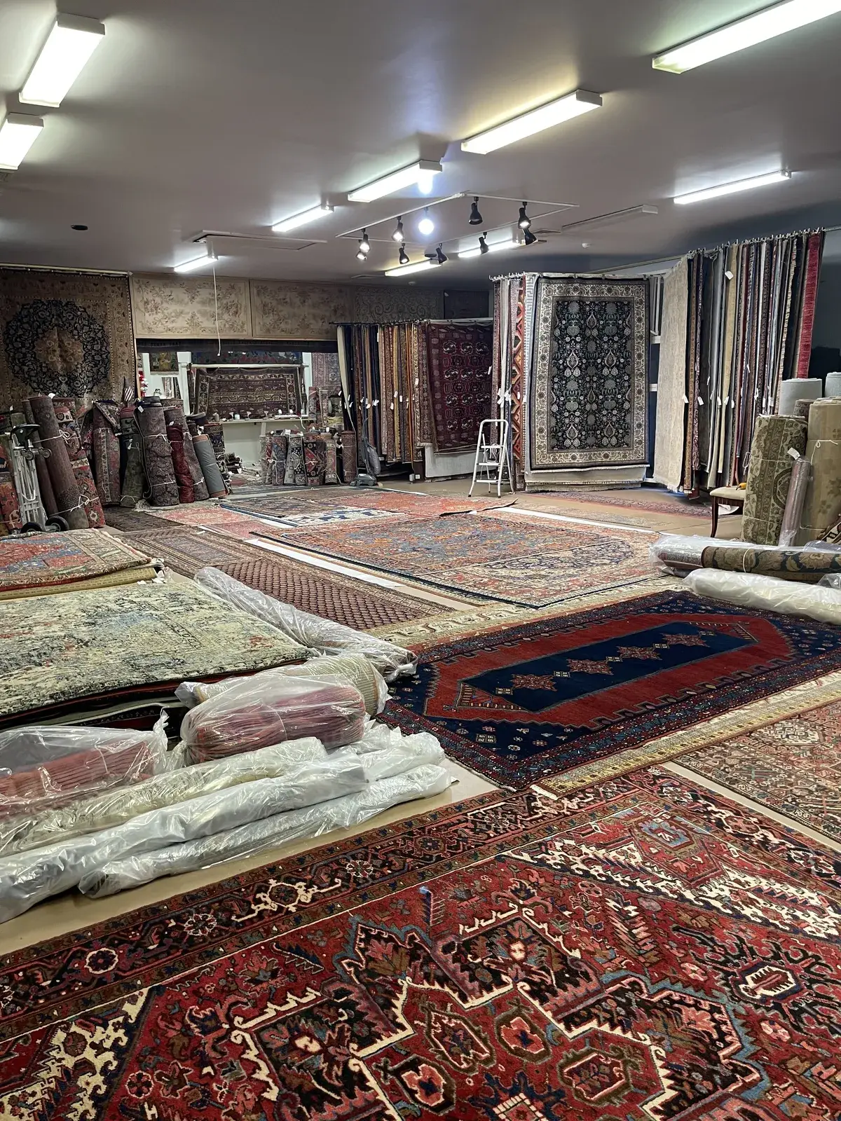 Patterned rugs arranged throughout the Woodbury showroom